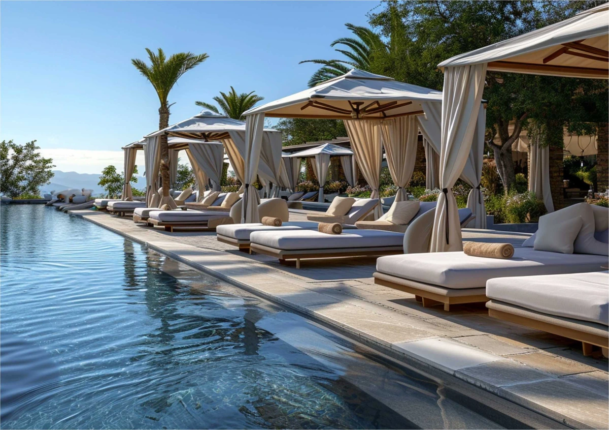 Hotelski bazen s baldahinima, ležaljkama i mediteranskim zelenilom.